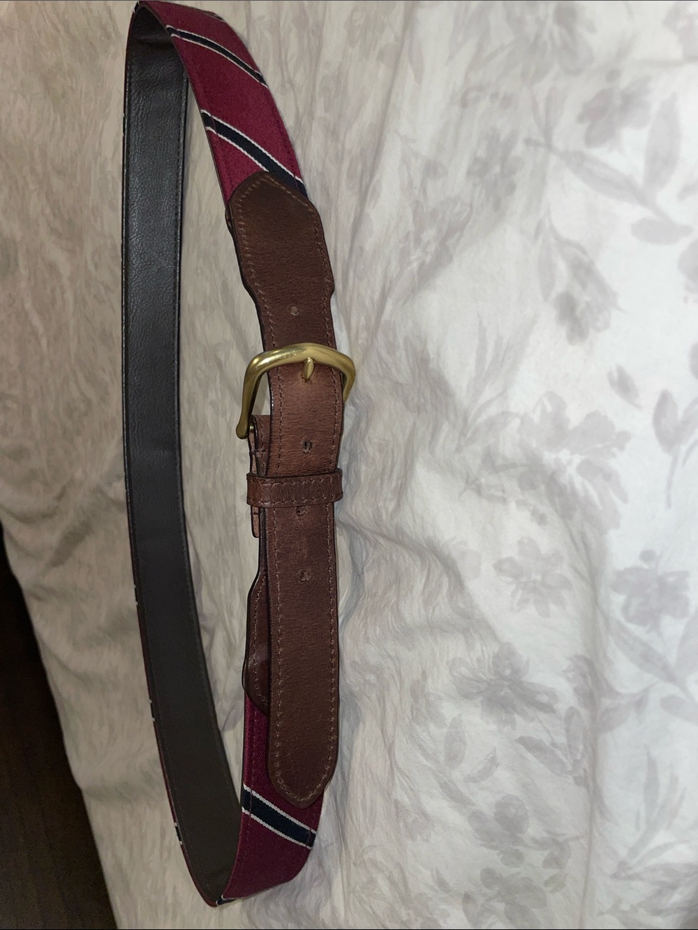 FH Wadsworth leather and fabric belt maroon and navy striped genuine leather nyc